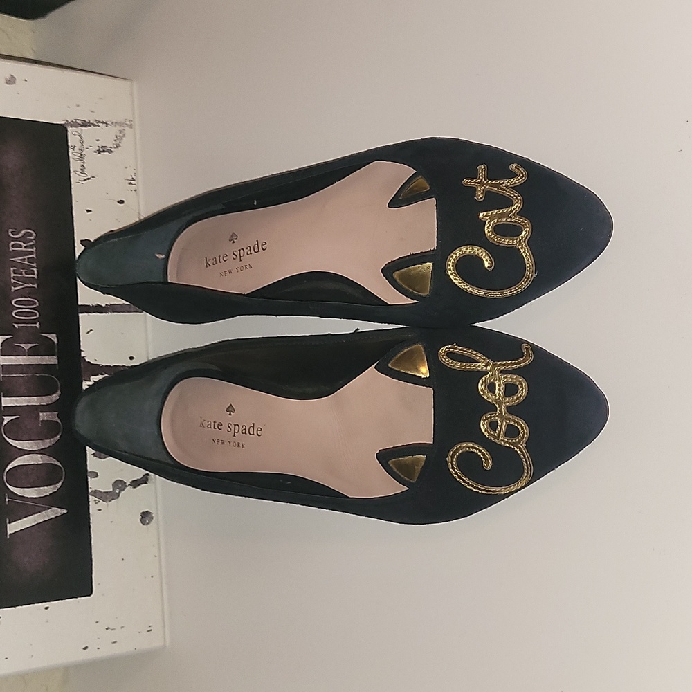 Kate Spade "Cool Cat" black and gold pointed flats, sz 7M